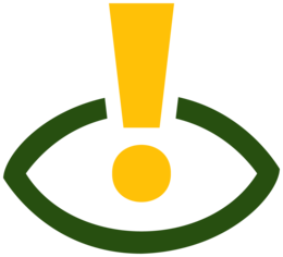 Watchlist Internet Logo, grünes Auge mit einem gelben Rufzeichen in der Mitte